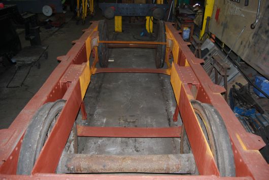 The stripped down 'Fowler' tender frames are seen in April 2013 prior to restoration. Photo by Andrew Laws